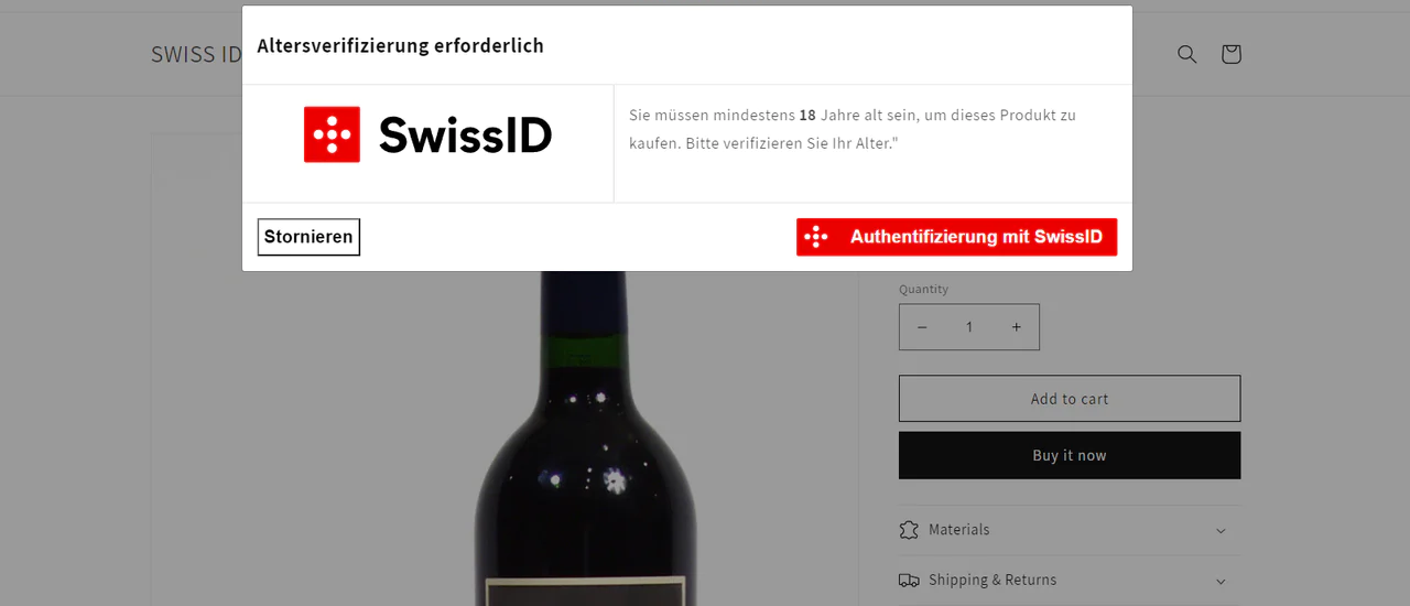 Screenshot of age verification with SwissID in the online shop using the Shopify example