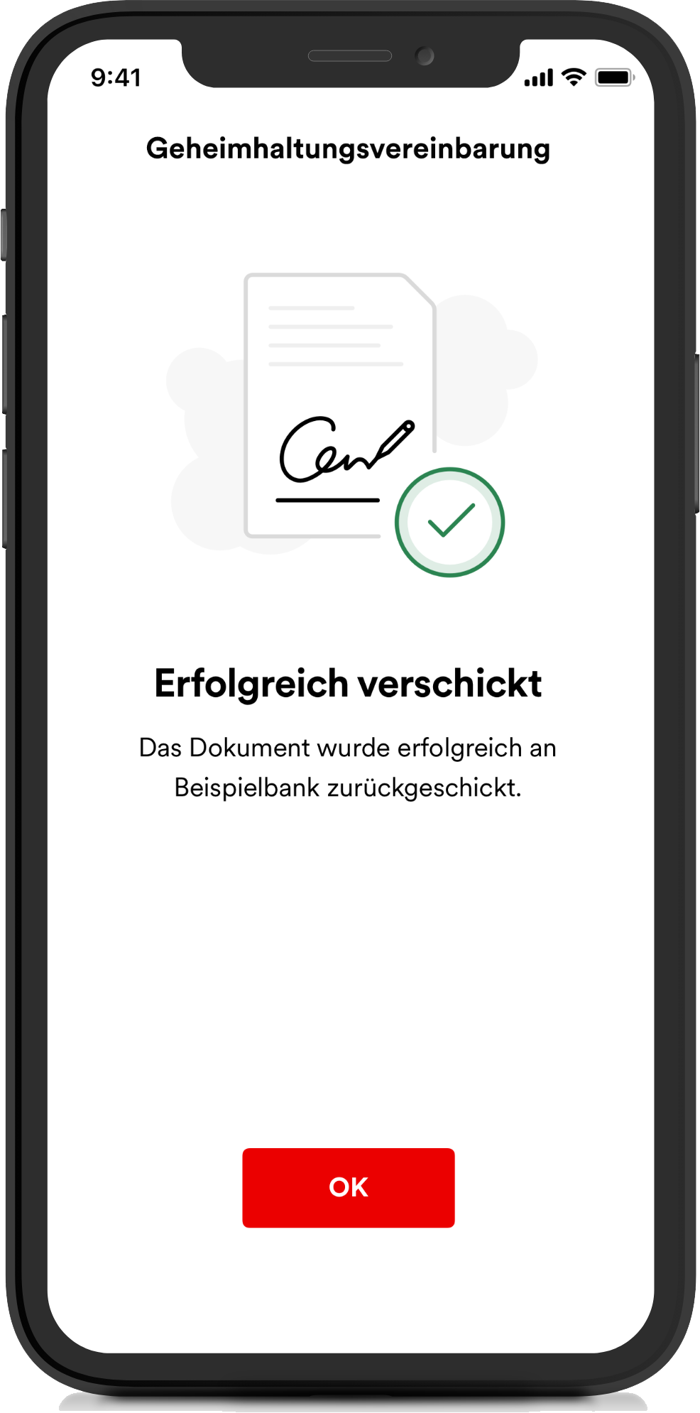 Screenshot der SwissID Sign App, der zeigt, wie eine Geheimhaltungsvereinbarung unterzeichnet wurde