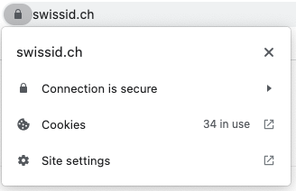 If the website is secure, after clicking on the padlock in front of the URL you will see the following information:
1. One message indicating that the connection is secure.
2. A notice indicating that a valid certificate is available. In this case, the certificate is issued to SwissSign AG.