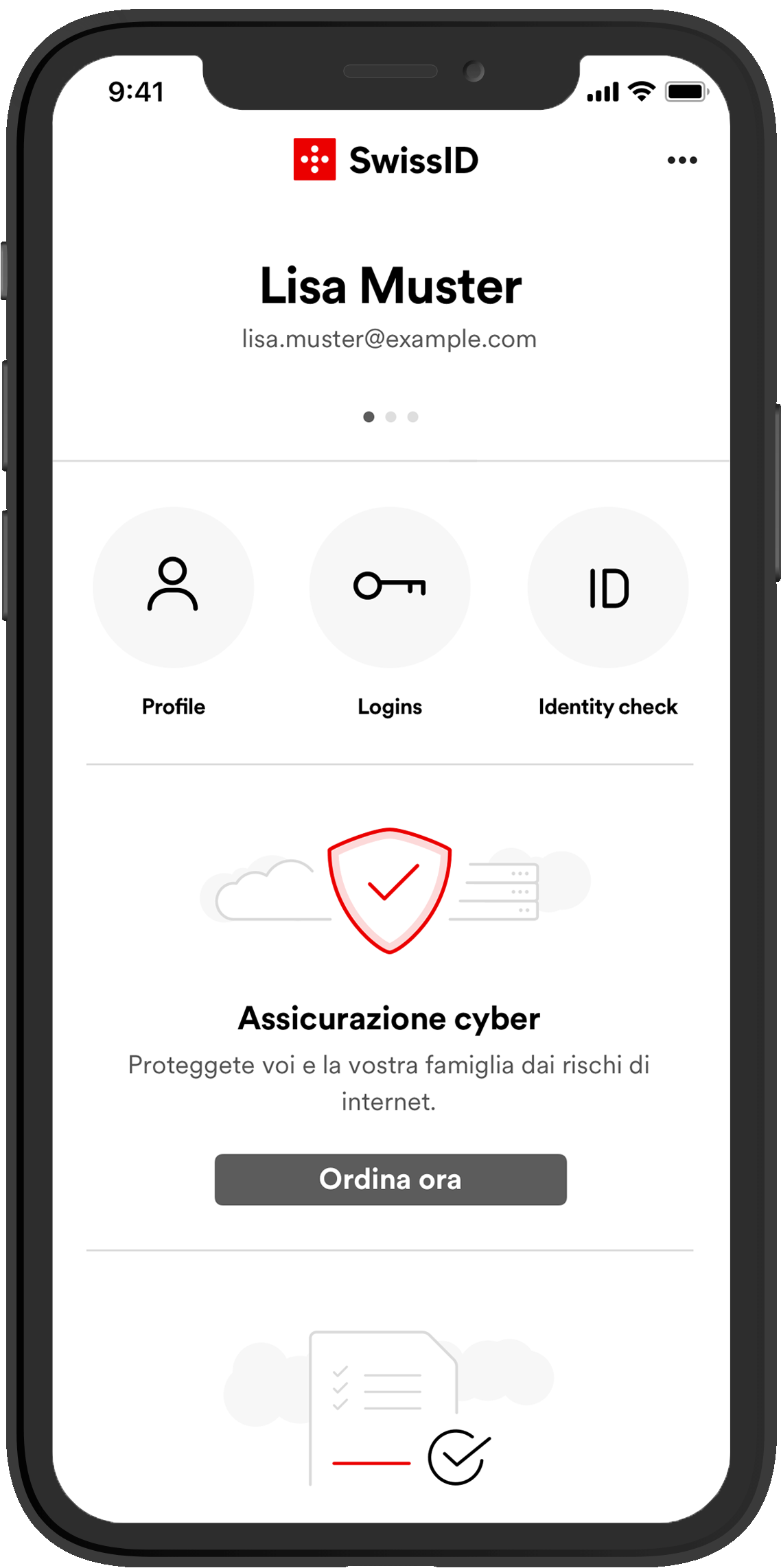 Schermata della pagina iniziale dell'applicazione SwissID