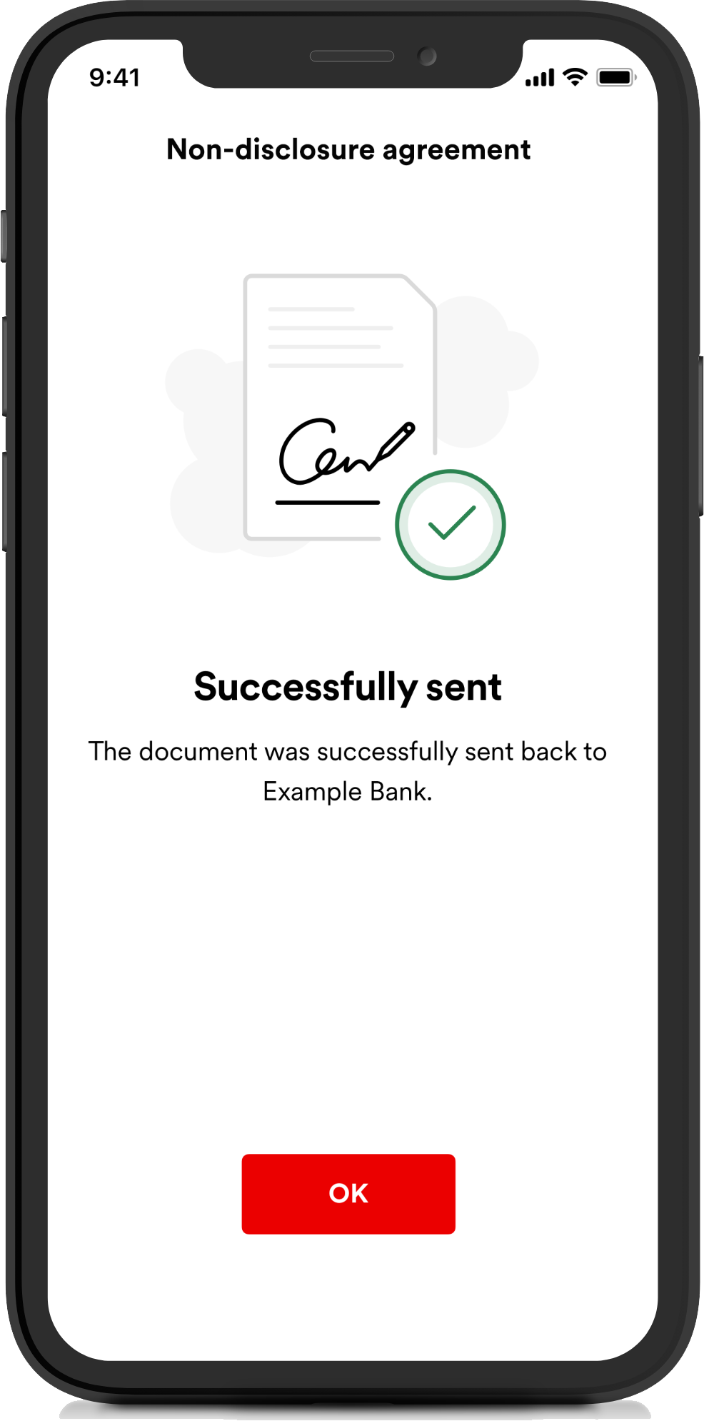 Screenshot of the SwissID Sign app showing how a non-disclosure agreement was signed