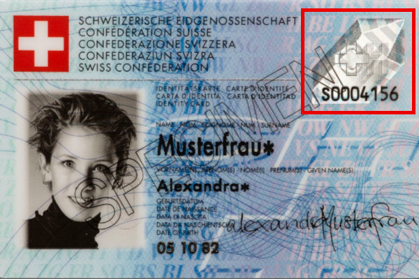 Bild der Vorderseite einer Identitätskarte, auf der die Sicherheitsmerkmale markiert sind.