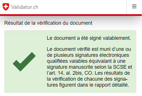 Capture d'écran de Validator. L'image montre la confirmation de succès que le document a été signé valablement.