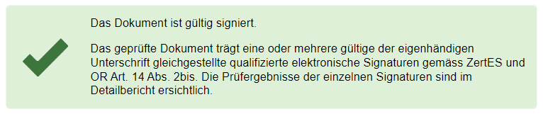 Screenshot der Zusammenfassung der Dokumentprüfung von validator.ch