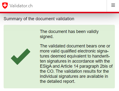 Screenshot of the validator tool. The image shows the success confirmation that the document was validly signed. 