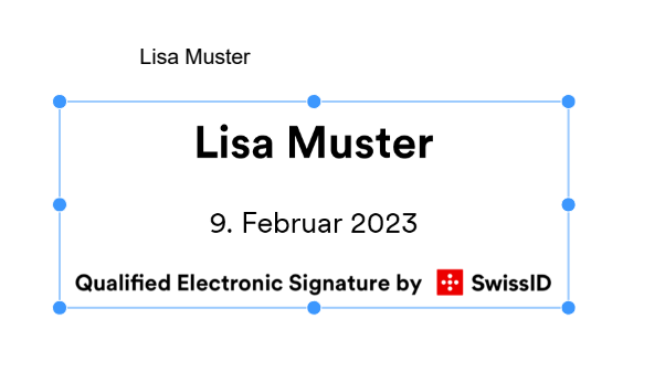 Das Bild zeigt die Standardsignatur von SwissID Sign. Sie beinhaltet Name, Datum und Art der Signatur. 