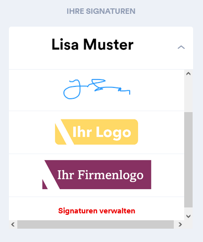 Screenshot aus dem Signaturraum. Dieser zeigt, dass die Signatur personalisiert werden kann mit einem visuellen Element. Zum Beispiel kann das Firmenlogo hochgeladen werden. 