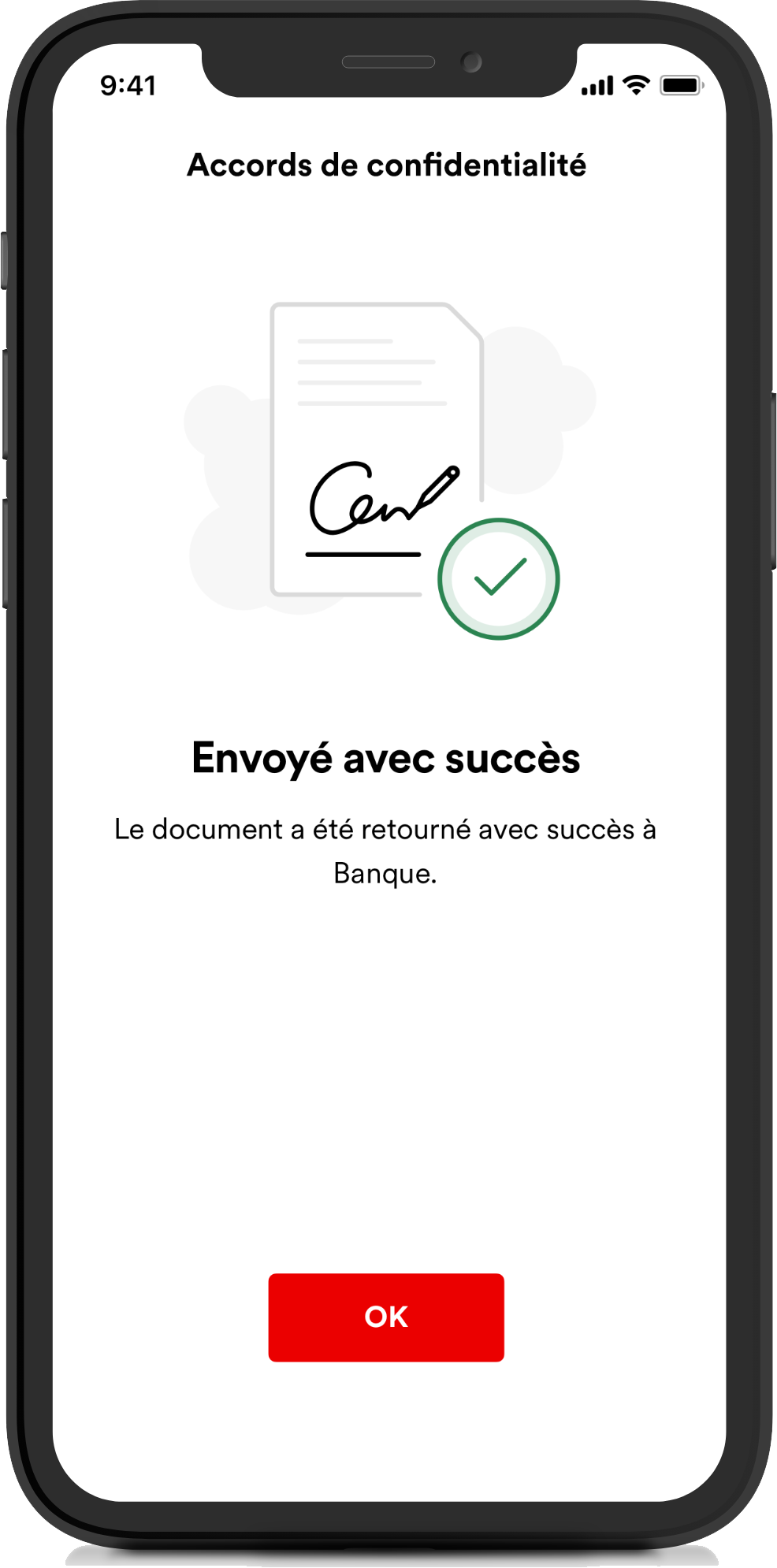 Capture d'écran de l'application SwissID Sign montrant comment un accord de confidentialité a été signé