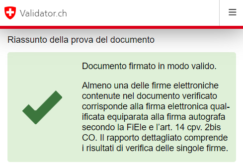 Schermata del validatore. L'immagine mostra la conferma di successo che il documento è stato validamente firmato. 