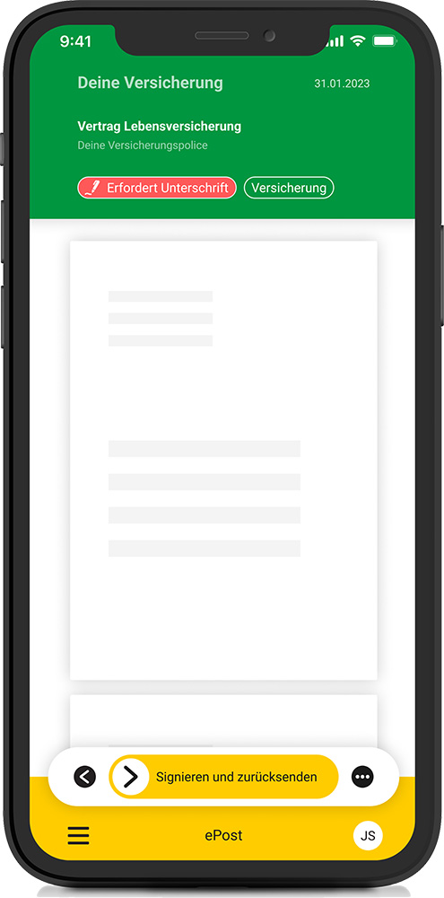 Screenshot der ePost App, auf dem zu sehen ist, wie elektronisch signiert wird.