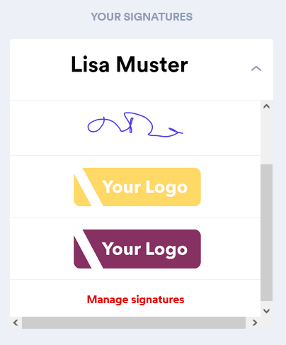 Screenshot from the signature room. This shows that the signature can be personalized with a visual element. For example, the company logo can be uploaded. 
