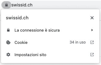 Facendo clic sul lucchetto che precede l’URL, sui siti web sicuri si ricevono i due avvisi seguenti:
1. Un messaggio che conferma che la connessione è sicura.
2. L’indicazione che è disponibile un certificato valido, in questo caso emesso per SwissSign SA.