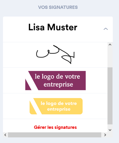 Capture d'écran de la salle des signatures. Celle-ci montre que la signature peut être personnalisée avec un élément visuel. Par exemple, le logo de l'entreprise peut être téléchargé. 