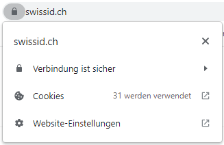 Beim Klicken auf das Schloss vor der URL erhalten Sie bei einer sicheren Website folgende zwei Hinweise:
1. Eine Meldung, dass die Verbindung sicher ist.
2. Die Angabe, dass ein gültiges Zertifikat verfübar ist. In diesem Fall ausgestellt für die SwissSign AG.