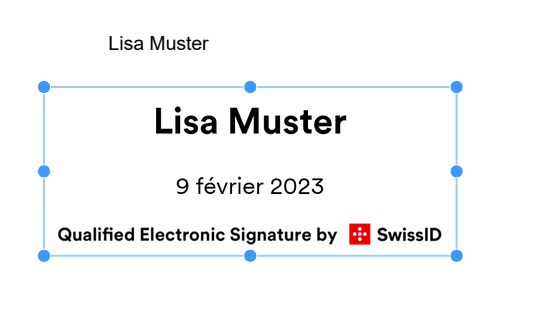 L'image montre la signature standard de SwissID Sign. Elle contient le nom, la date et le type de signature. 