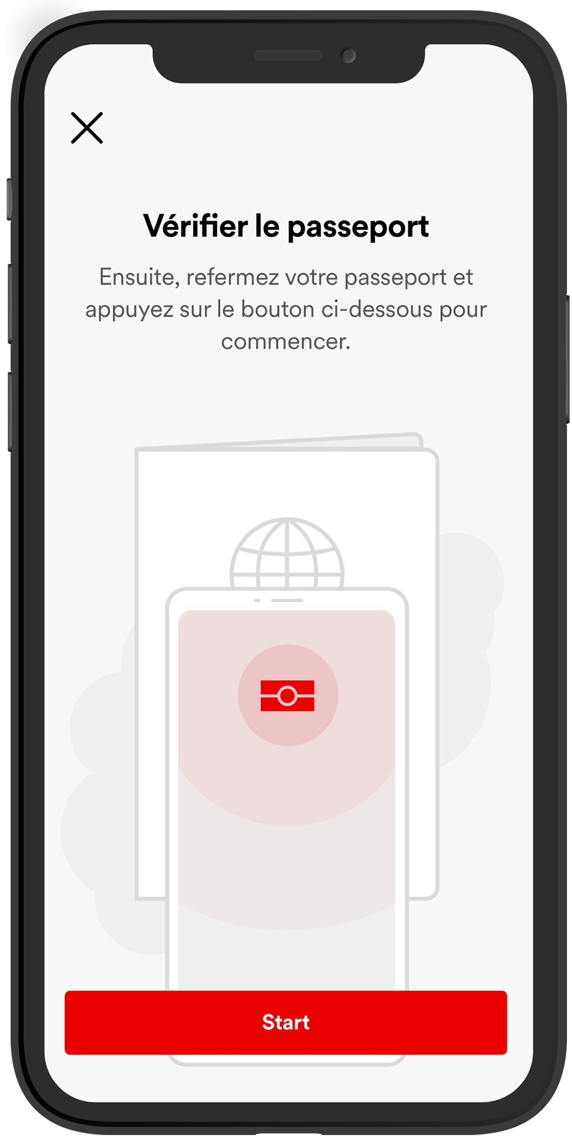  2. Refermez le passeport. Appuyez sur la touche Start de votre téléphone portable et faites glisser le smartphone sur le passeport. Nous vérifions maintenant l’authenticité du document d’identité. 